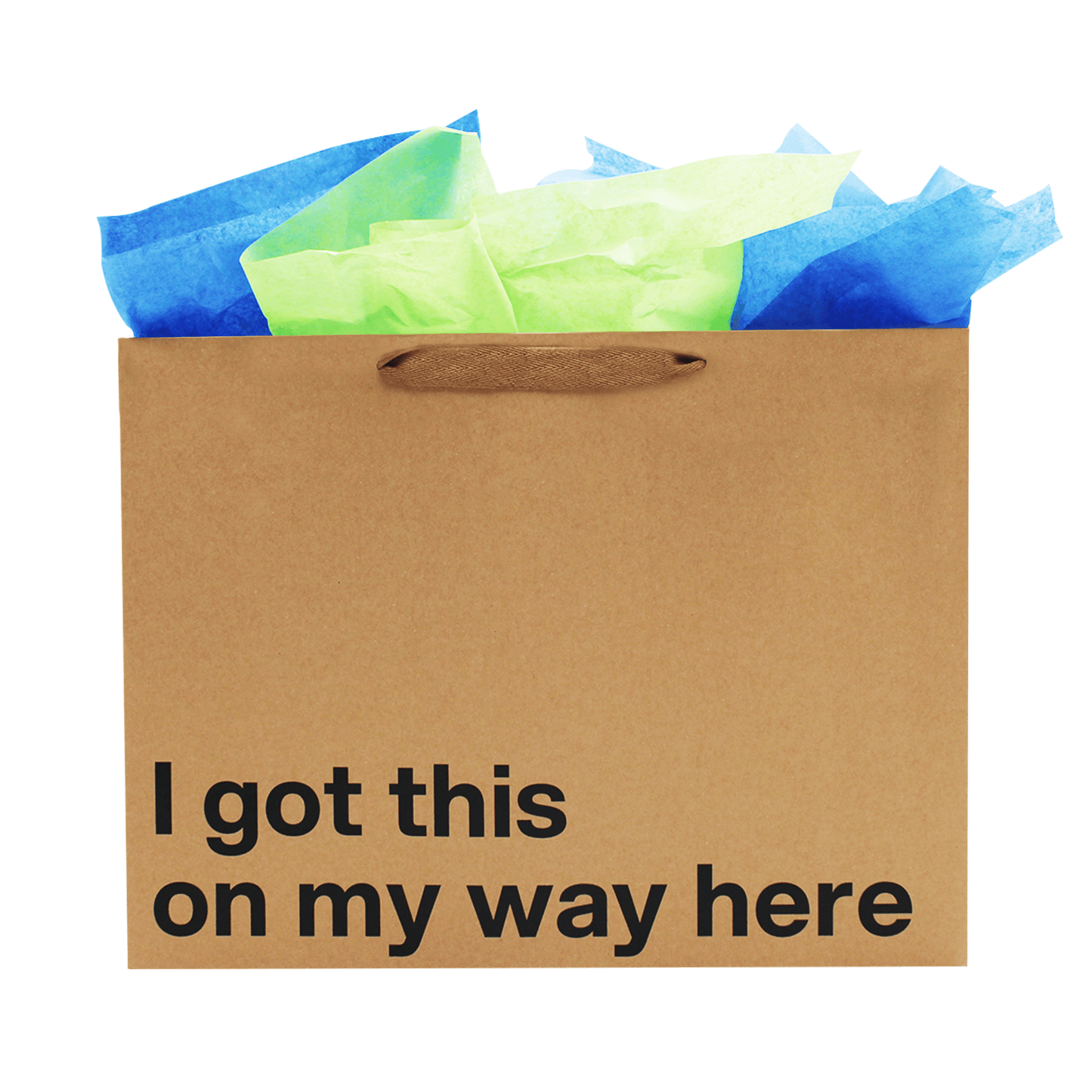 Funny gift bag with text 'I got this on my way here' and colorful tissue paper.
