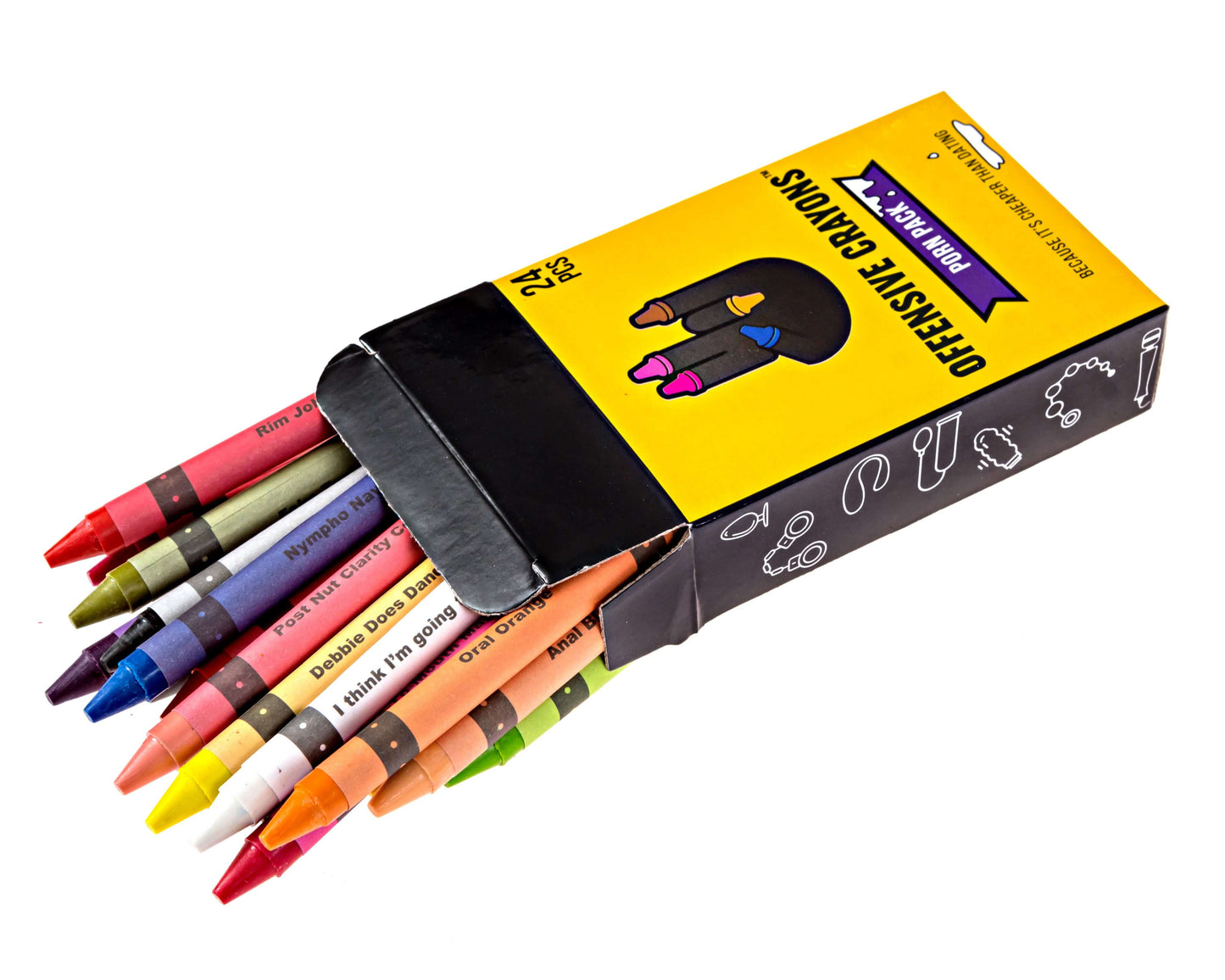 Offensive crayons box with colorful crayons, showcasing humorous and edgy designs for adult artists.