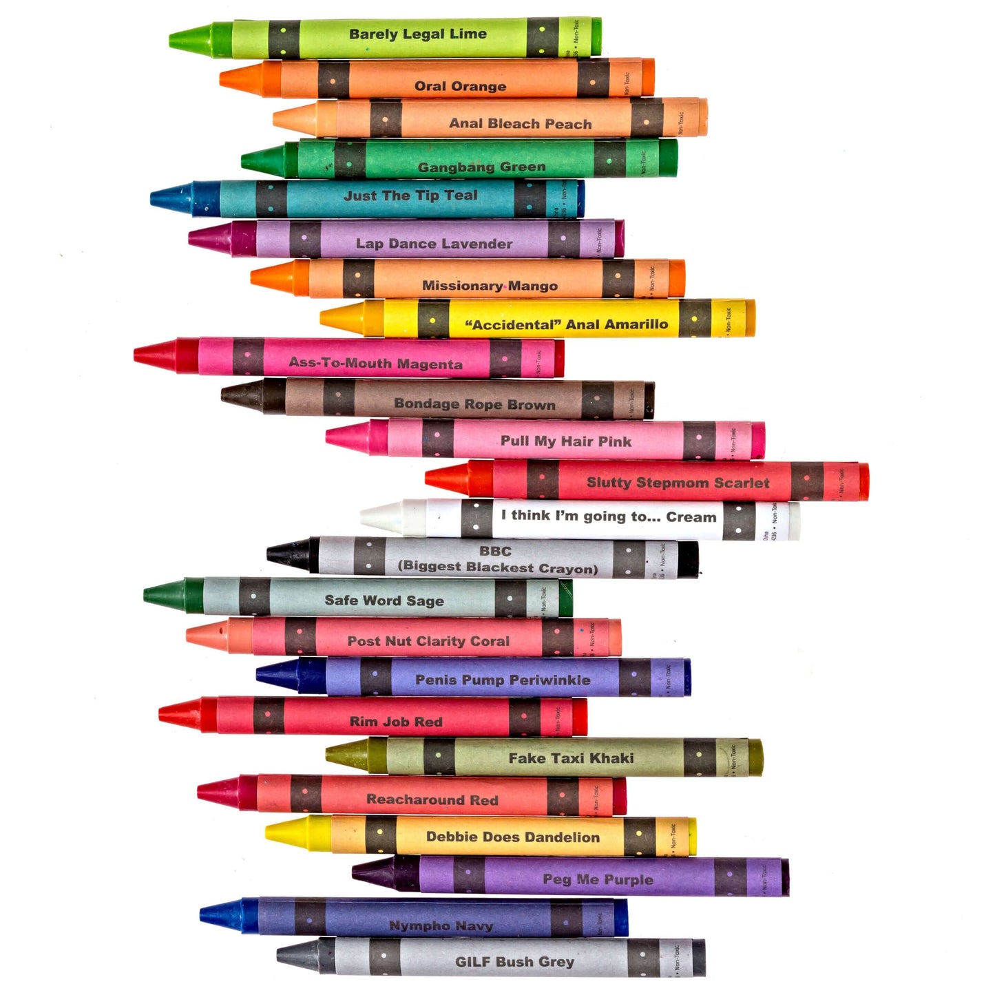Set of offensive crayons with humorous names like 'Barely Legal Lime' and 'Gangbang Green' for playful adult coloring.