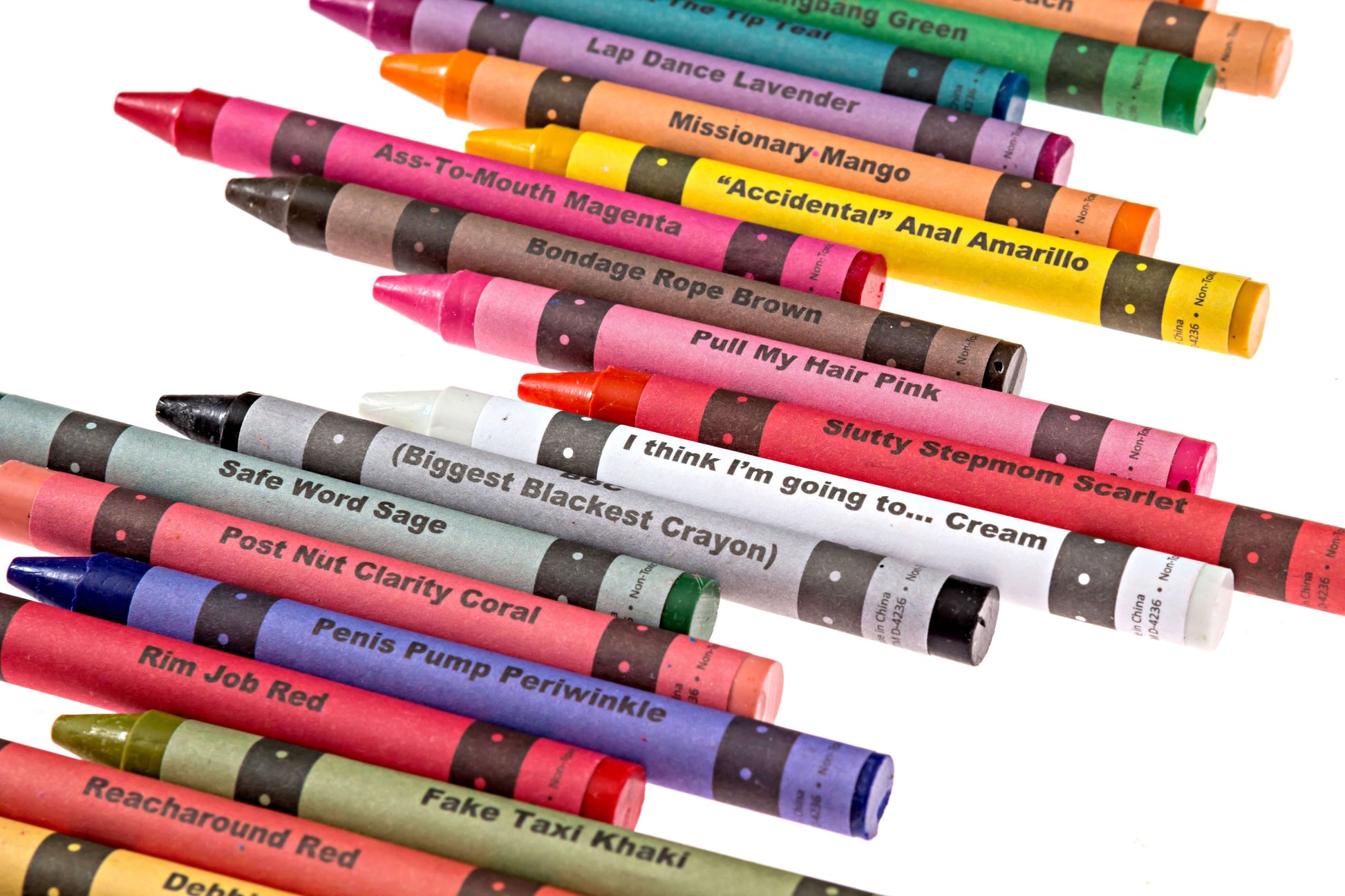 Colorful offensive crayons with quirky names for playful adult coloring experiences.