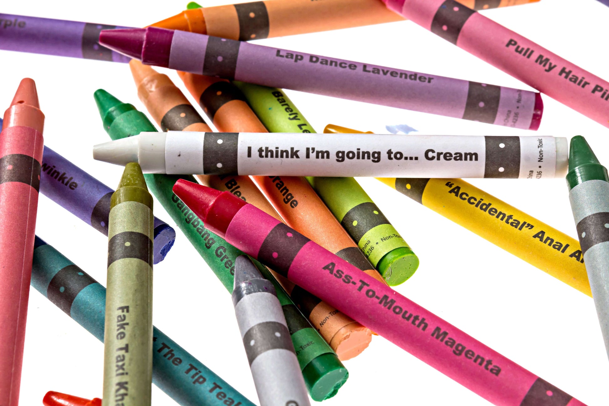 Colorful offensive crayons from the Porn Pack, featuring humorous names for adult coloring fun.