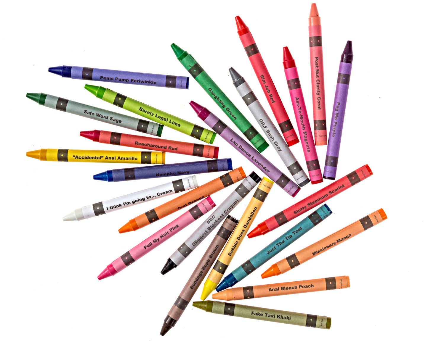 A colorful collection of offensive crayons from the Porn Pack, featuring quirky names and bold designs.