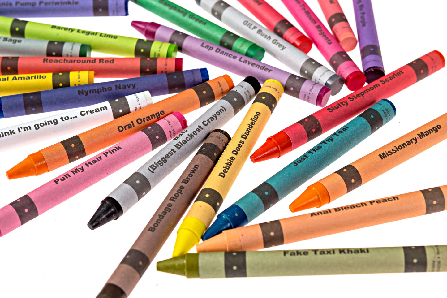A colorful arrangement of offensive crayons featuring unique names and playful designs in a light-hearted display.