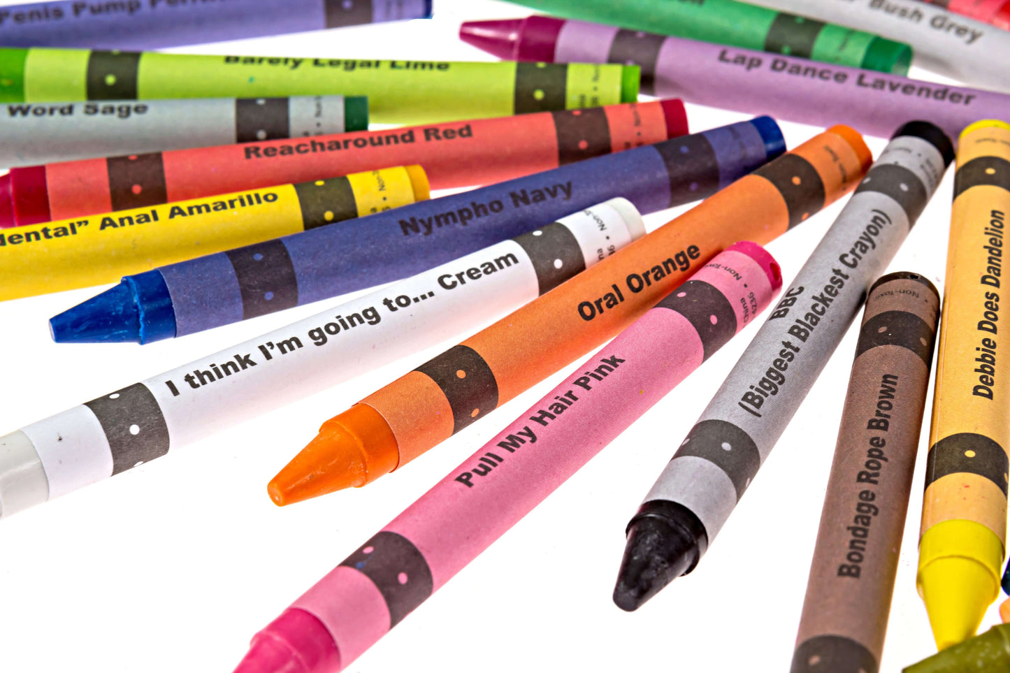 Colorful offensive crayons from the Porn Pack featuring humorous names and bold colors.