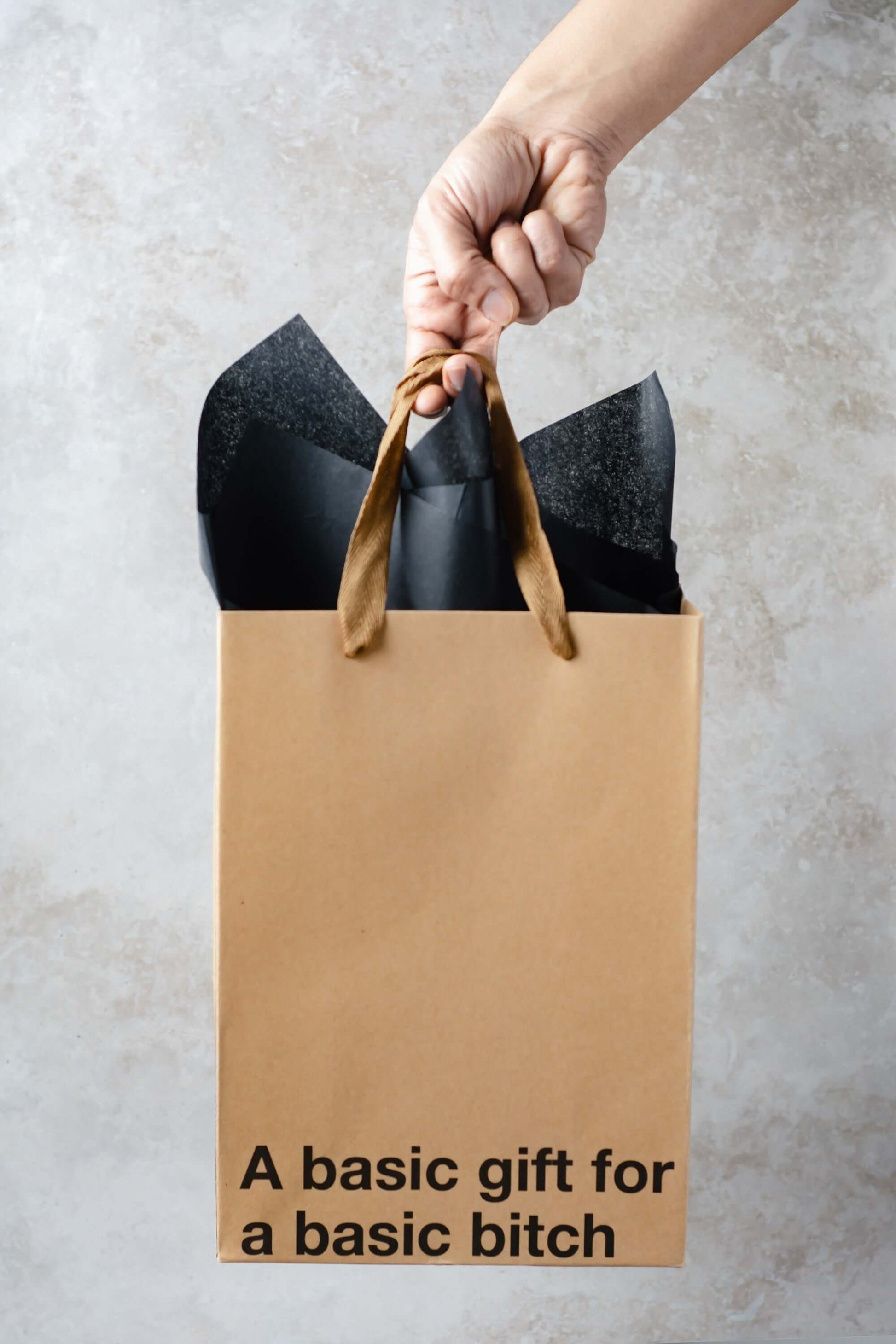 A basic gift bag with brown ribbon handle and black tissue paper, perfect for any occasion, featuring a funny gift bag design.