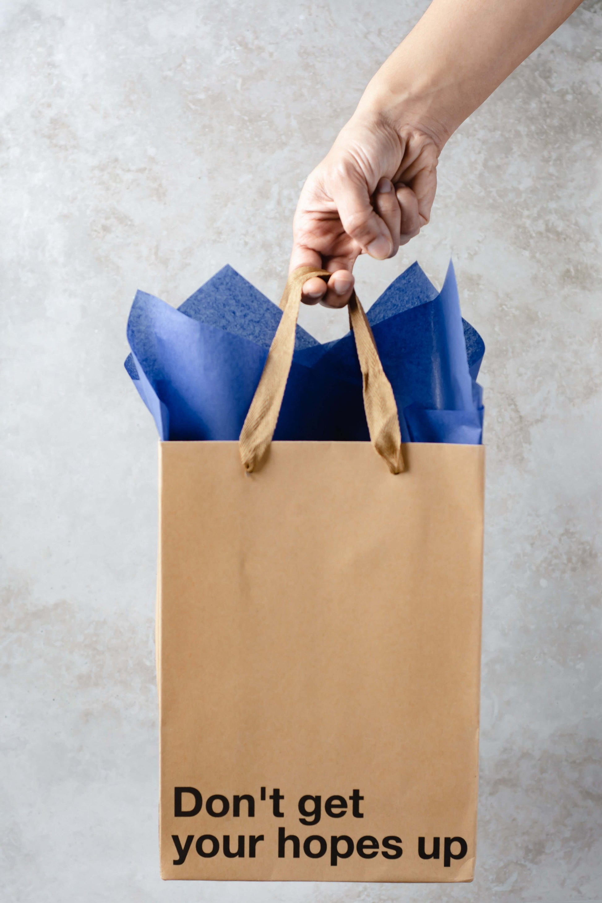 Funny gift bags: A hand holding a brown kraft gift bag with blue tissue paper and the phrase 'Don't get your hopes up.'