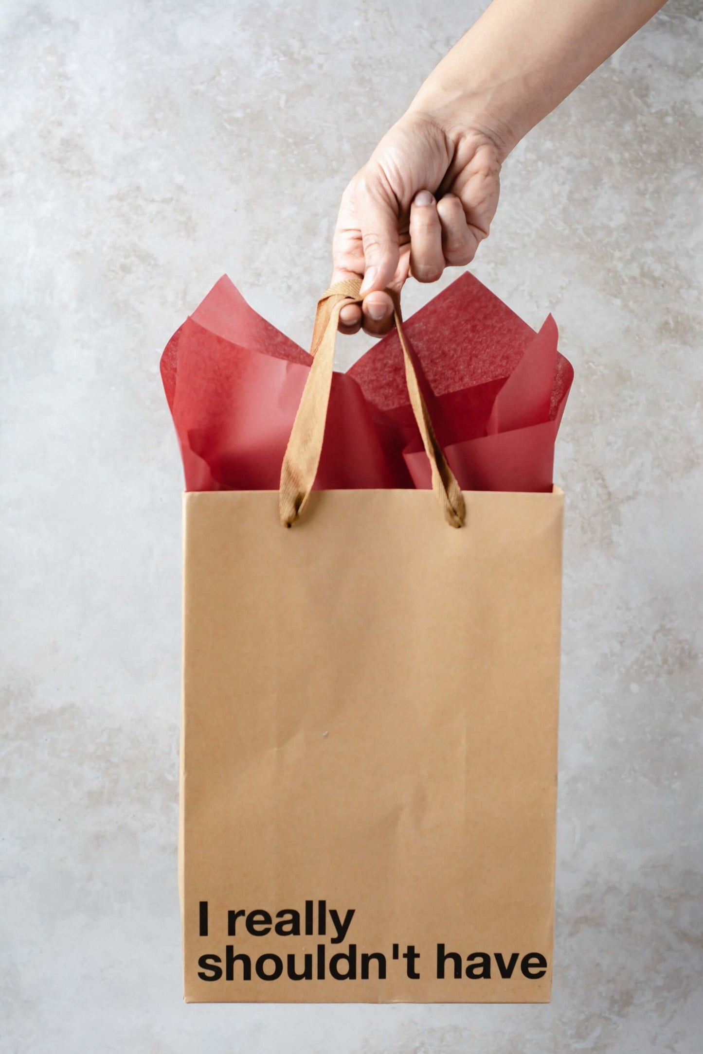 Funny gift bag with a statement 'I really shouldn't have' held by a hand, featuring red tissue paper for a playful touch.