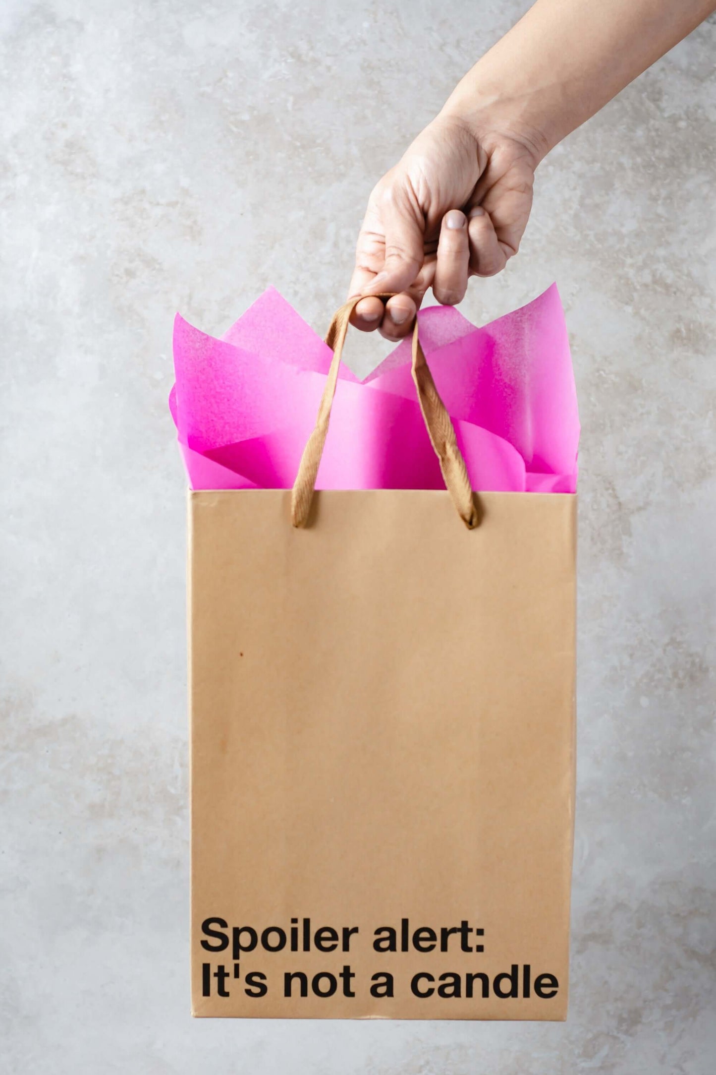 Funny gift bag featuring a humorous message, held by a hand, with pink tissue paper peeking out from the Kraft bag.