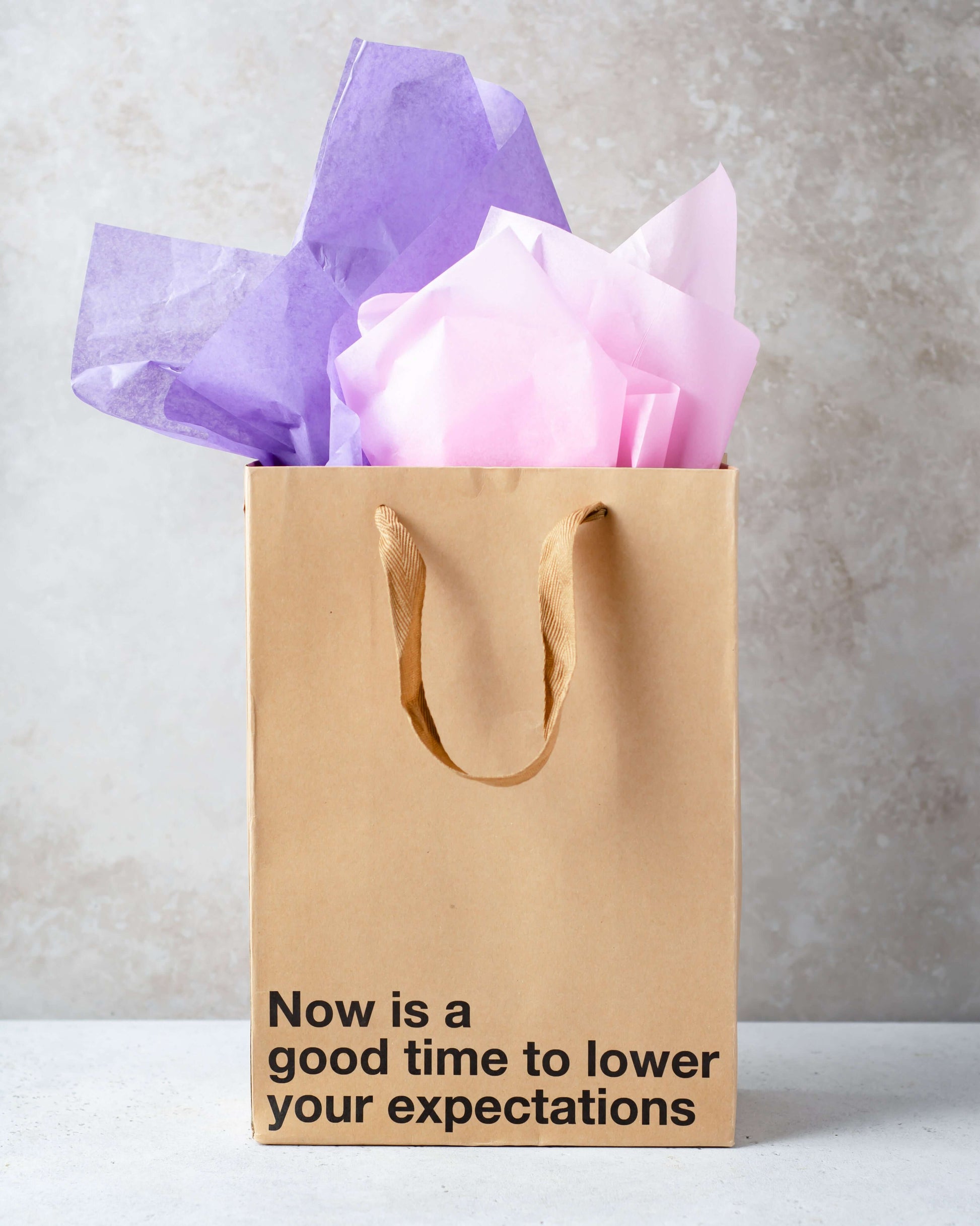 Funny gift bags featuring a kraft gift bag with the phrase 'Now is a good time to lower your expectations'.
