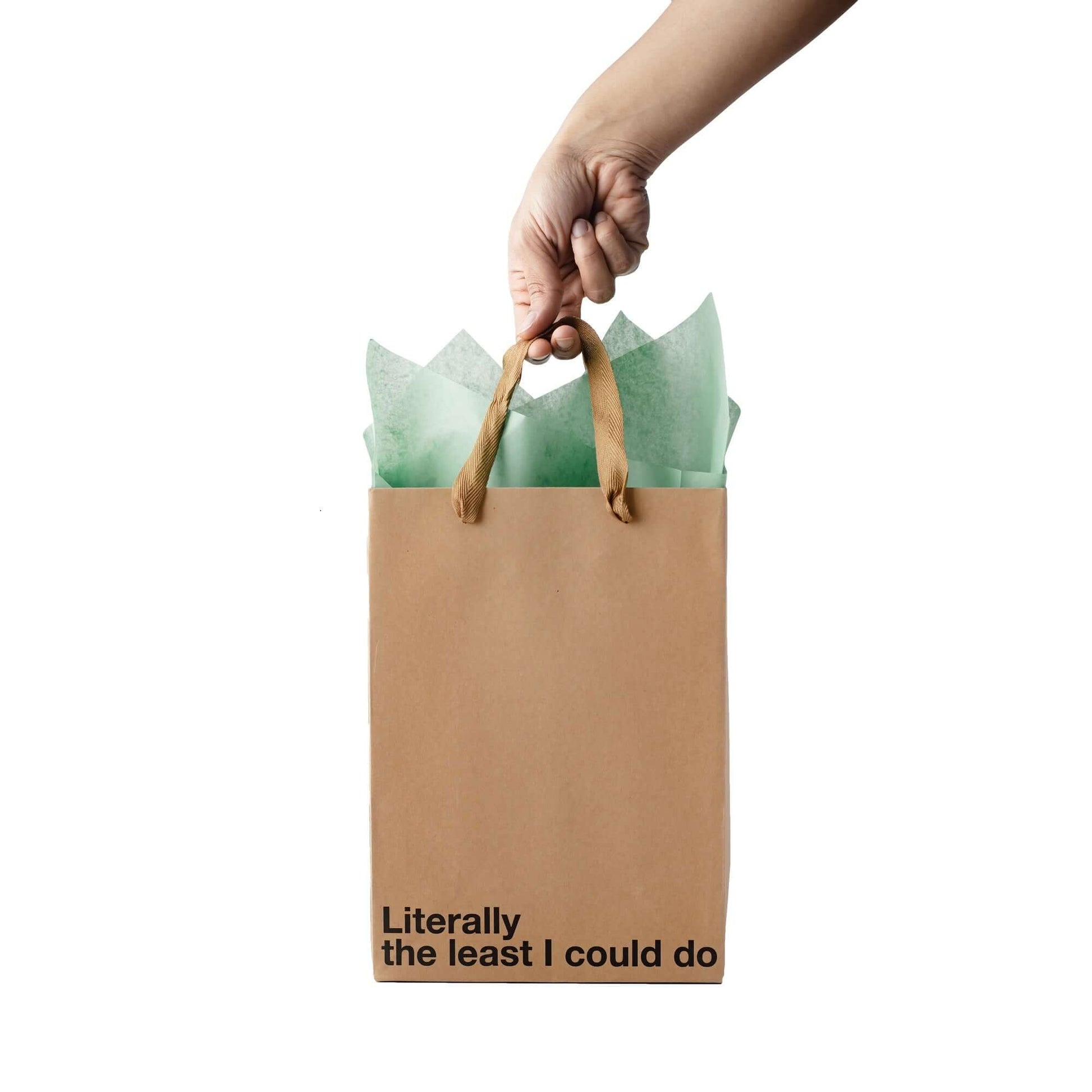 Funny gift bag with kraft material and green tissue, featuring the phrase 'Literally the least I could do' in black text.