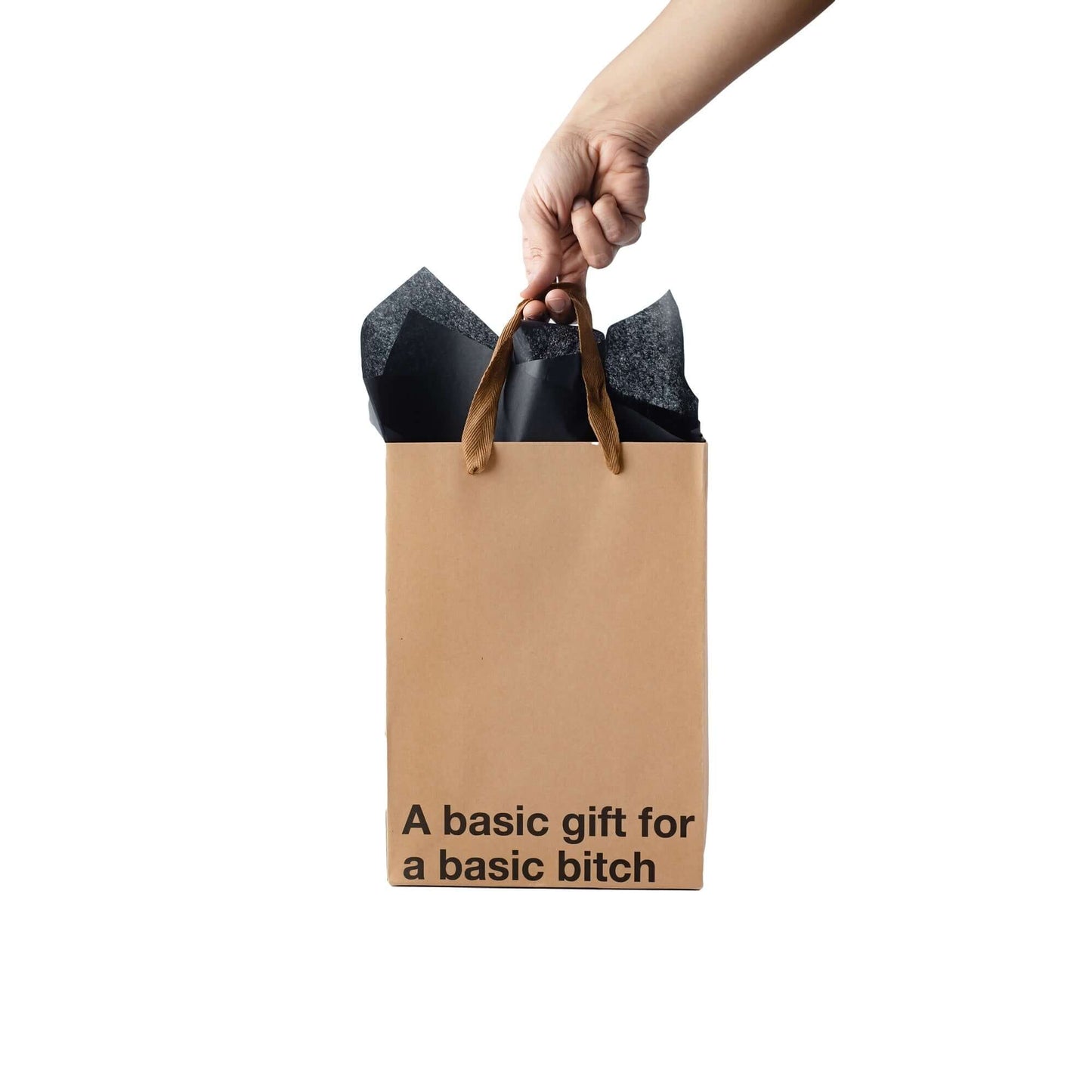 Funny gift bag with kraft material and brown ribbon handle, featuring a humorous message.