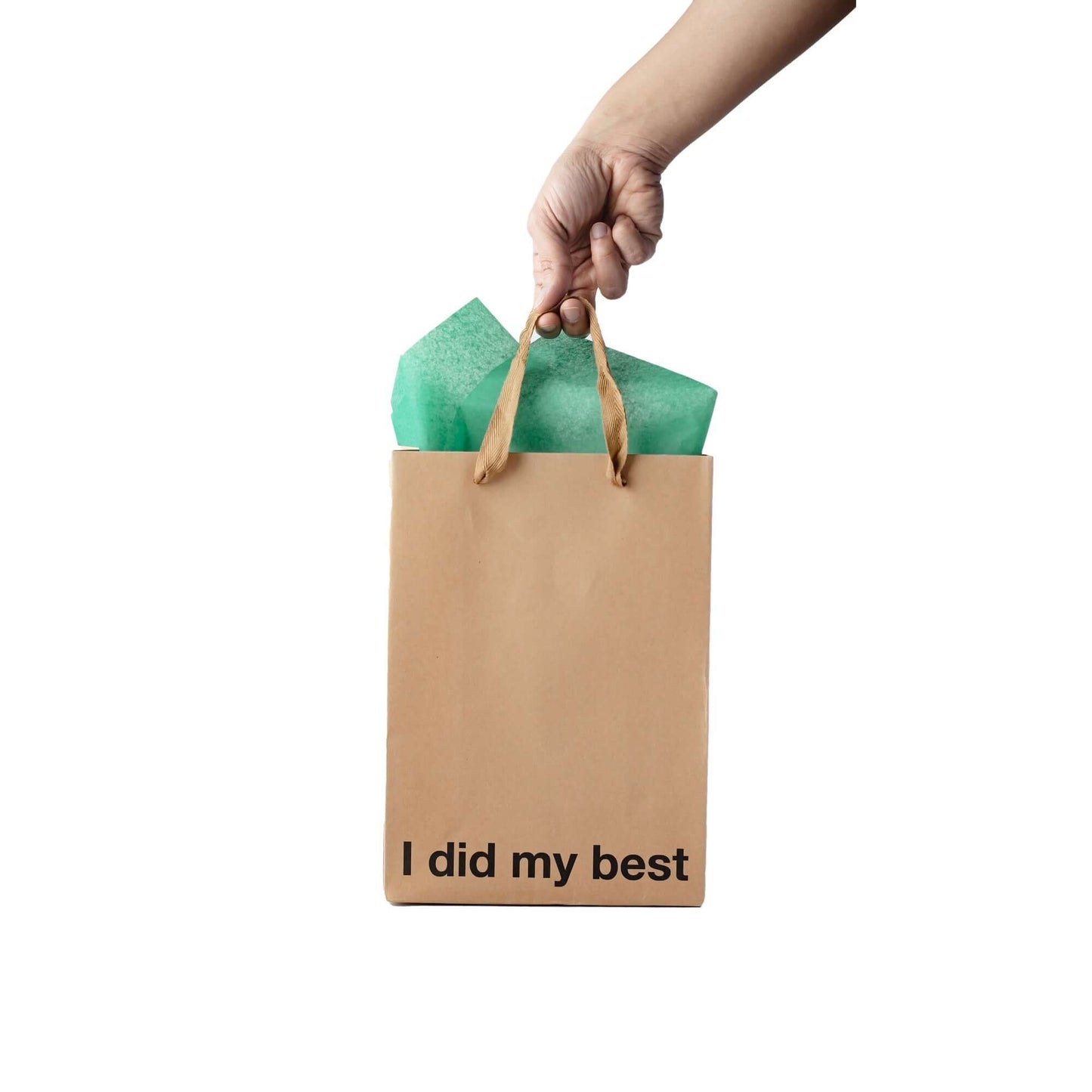 Funny gift bag featuring the phrase 'I did my best' held with brown ribbon and filled with green tissue paper.