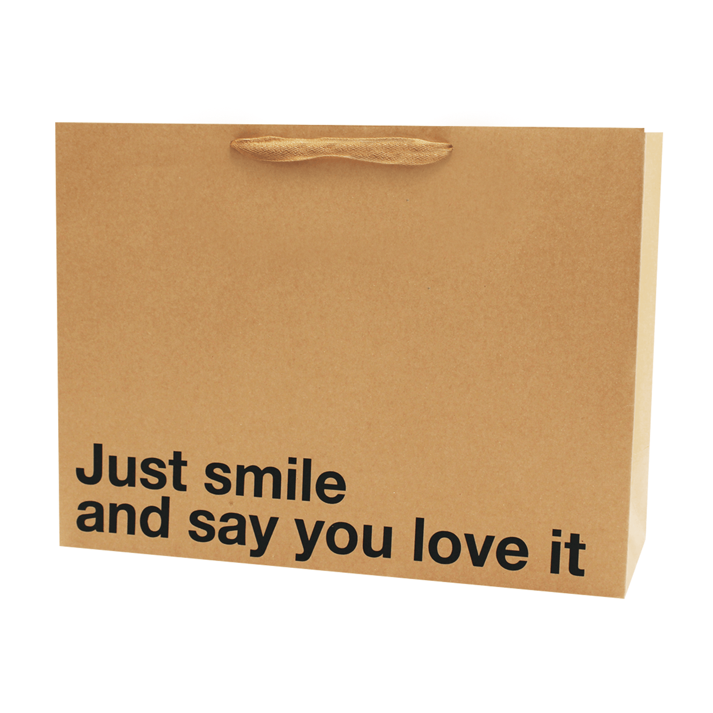 Funny gift bag with text "Just smile and say you love it" on a kraft paper design with brown ribbon handle.