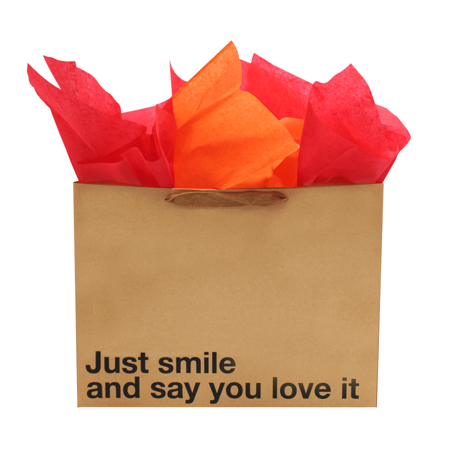 Just Smile & Say You Love it large gift bag with colorful tissue, perfect for a funny gift bag.
