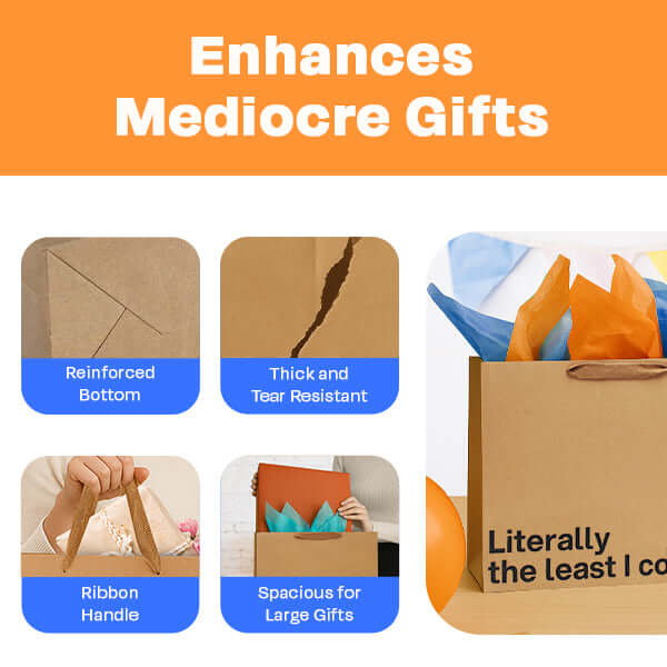 Funny gift bag with reinforced bottom, ribbon handle, and spacious design for enhancing mediocre gifts.