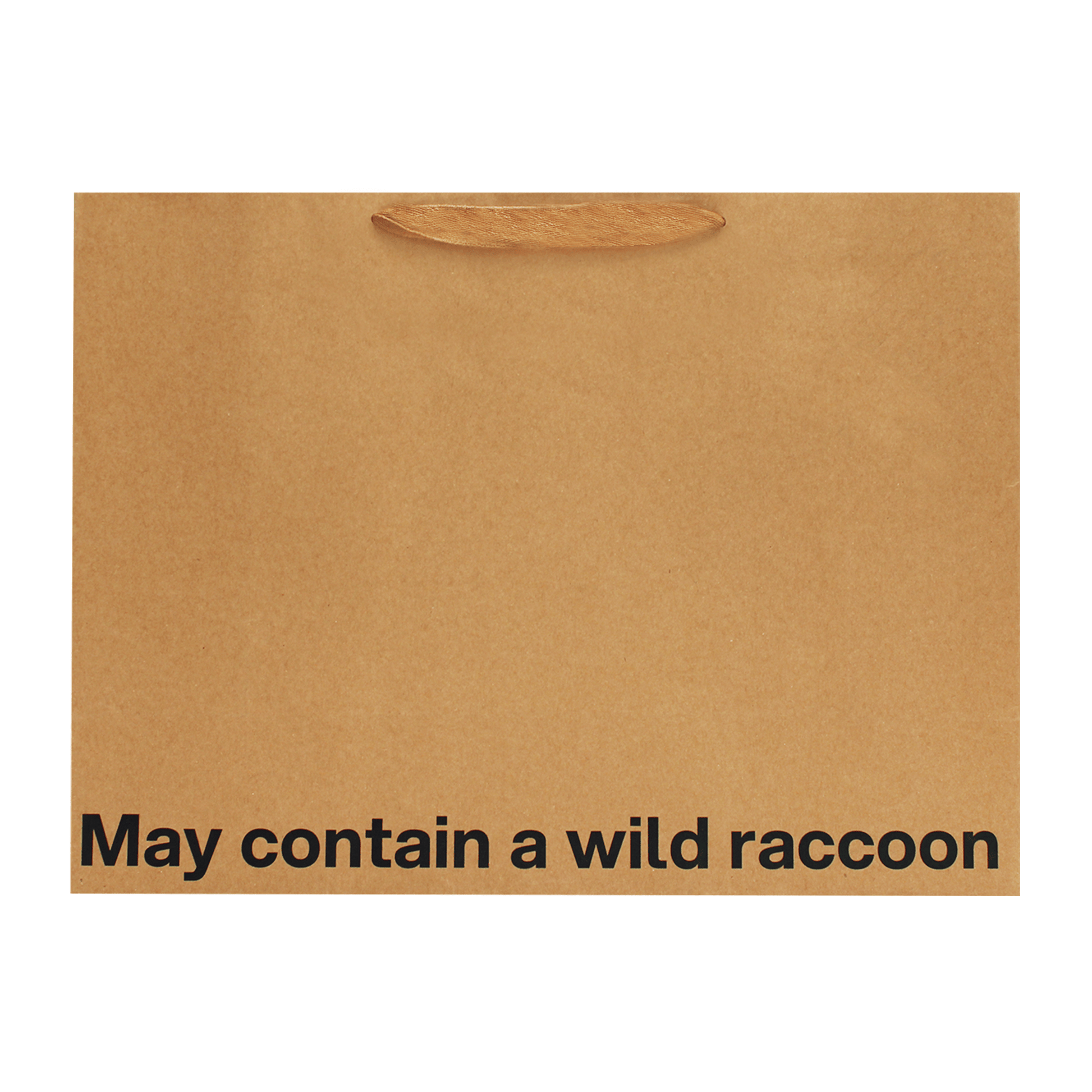 Funny gift bag featuring the phrase 'May contain a wild raccoon' in bold print on a kraft background.