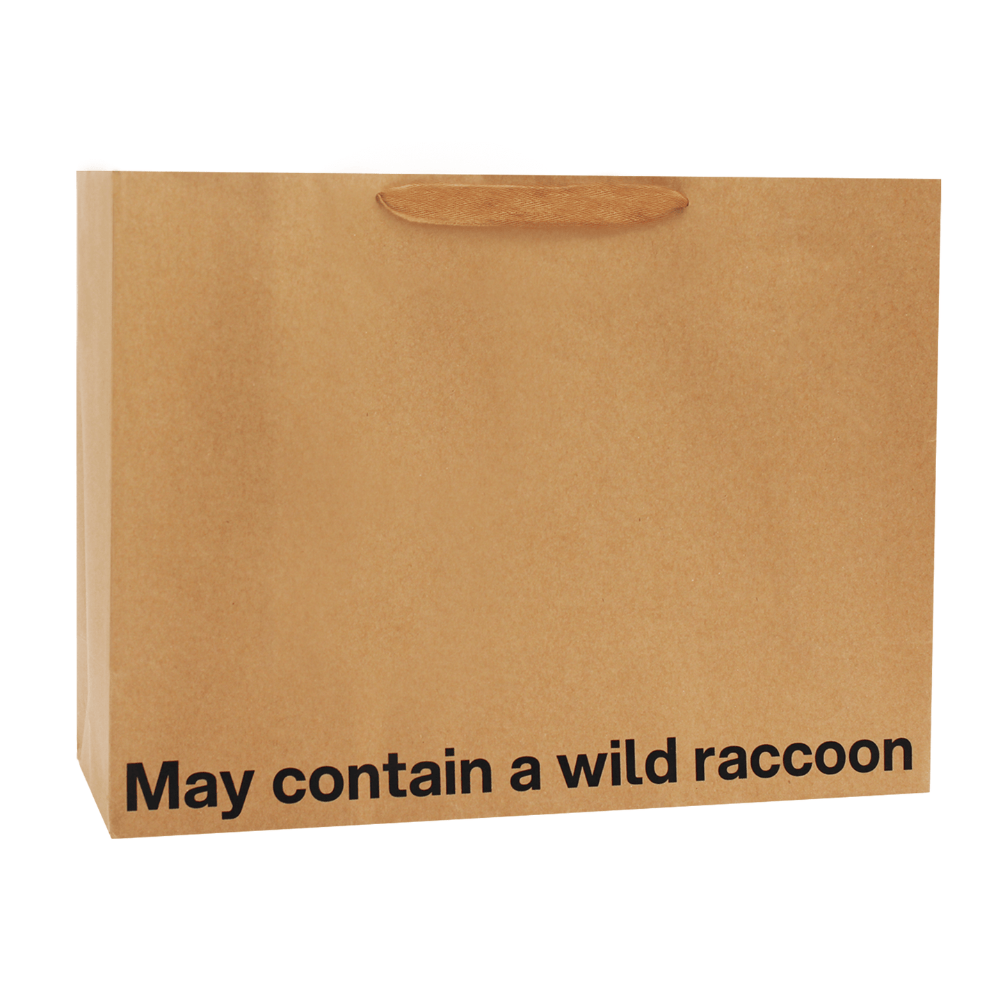 Funny gift bag that reads 'May contain a wild raccoon' in bold black letters on a kraft paper background.