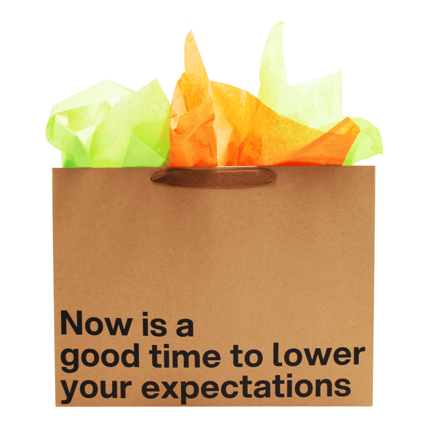 Funny gift bag with colorful tissue paper, featuring the phrase 'Now is a good time to lower your expectations'.