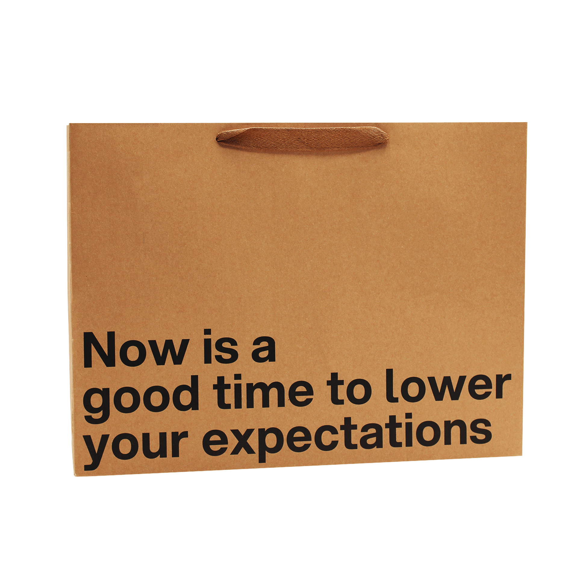 Funny gift bag with kraft material featuring the text 'Now is a good time to lower your expectations'.