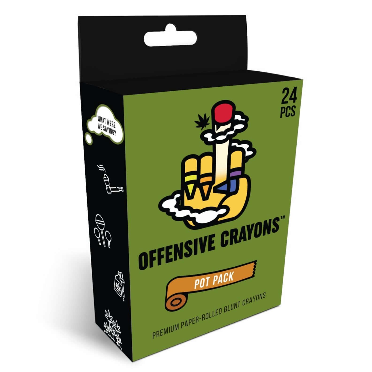 Offensive crayons Pot Pack box featuring colorful crayon designs for creative sessions and fun adult coloring.