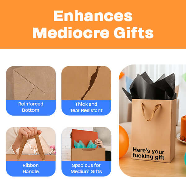 Funny gift bag with bold profanity design "Here's your fucking gift" enhancing mediocre gifts for parties.