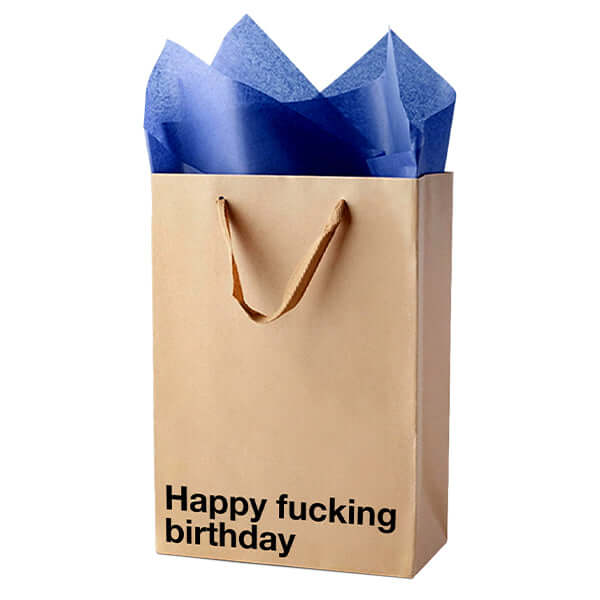 Funny gift bag with bold saying 'Happy fucking birthday' and blue tissue paper inside.