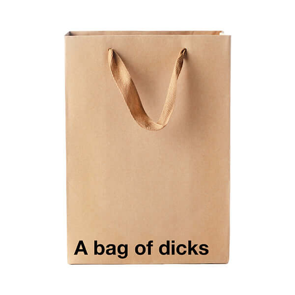 Funny gift bag with the phrase 'A bag of dicks' displayed prominently for humorous gifting.