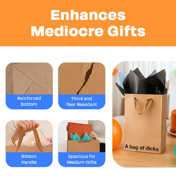 Funny gift bag with cheeky design saying 'A bag of dicks', perfect for adding humor to gifts.