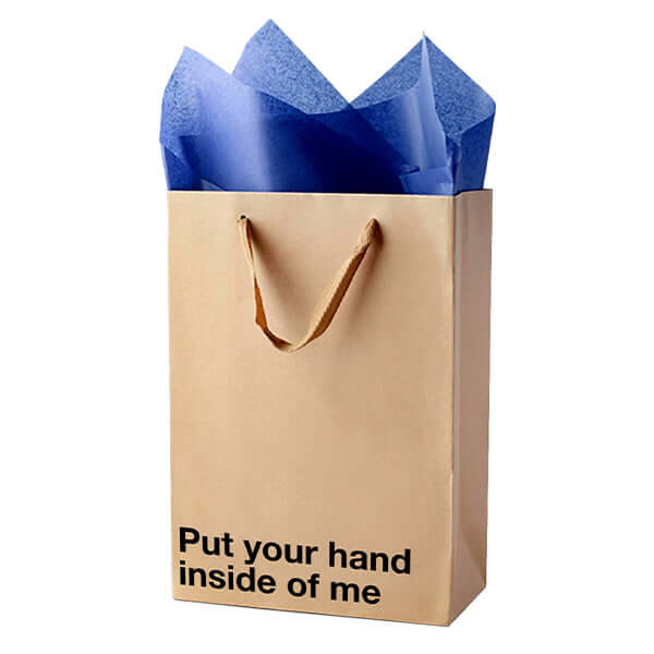 Funny gift bag with bold saying 'Put your hand inside of me' and colorful tissue paper for humorous gifting.