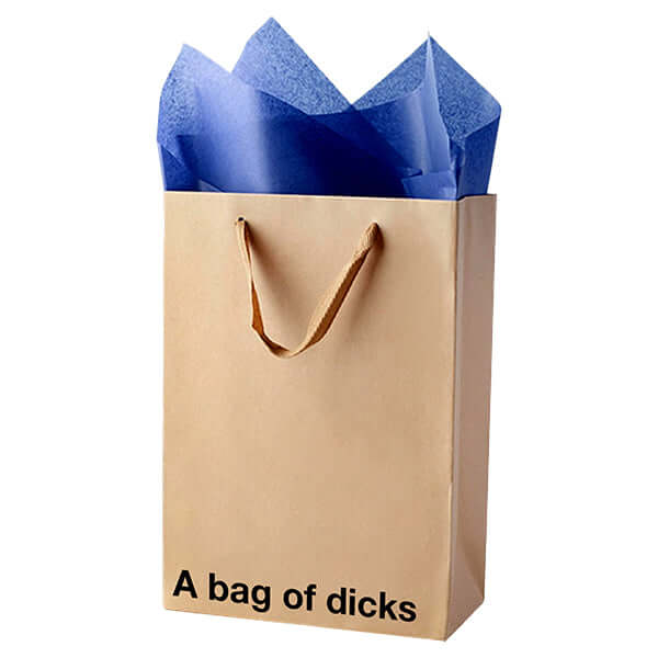 Funny gift bag with cheeky text 'A bag of dicks', perfect for a humorous gift at parties.