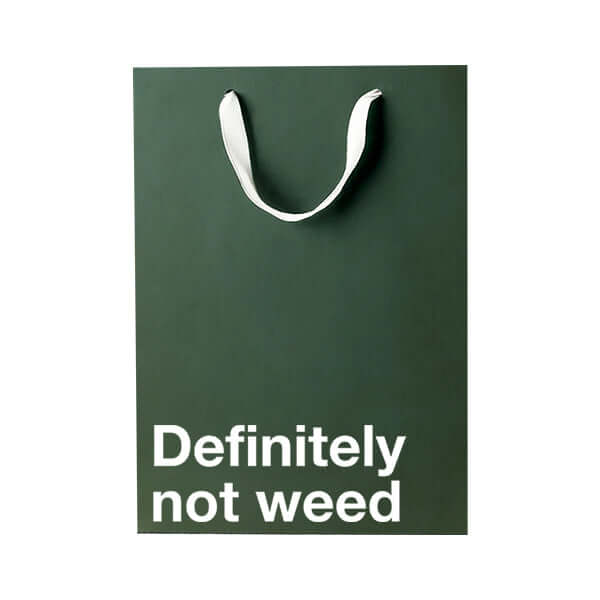 Funny gift bag featuring the phrase 'Definitely not weed' perfect for stoner humor.