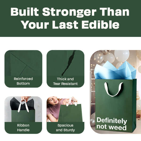 Funny gift bag design featuring messages about strength and sturdiness, ideal for stoner humor gifts.