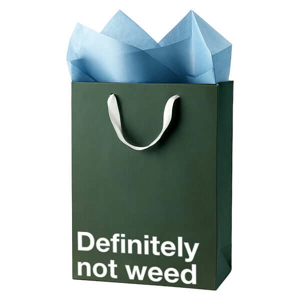 Funny gift bag with the phrase 'Definitely not weed' for humorous stoner gifts.