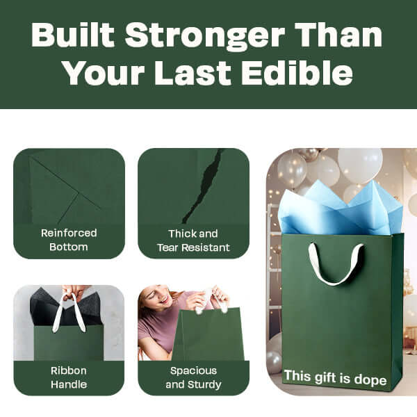 Product image of a funny gift bag featuring sturdy design and humorous text stating 'This gift is dope'.