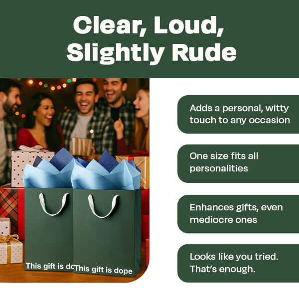 Funny gift bag featuring the phrase 'This gift is dope' with holiday decorations in a festive setting.