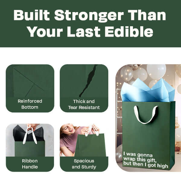 Funny gift bag featuring humorous pot jokes and showcasing sturdy design elements and vibrant colors.