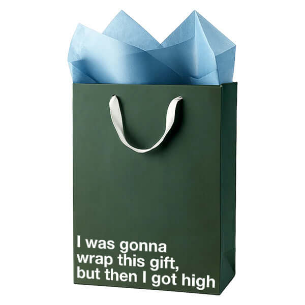 Funny gift bag with a humorous pot-themed joke about not wrapping gifts due to getting high.