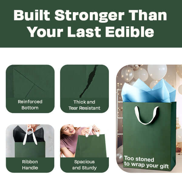 Funny gift bag featuring stoner humor, durable design, and reinforced handle for easy gift wrapping.