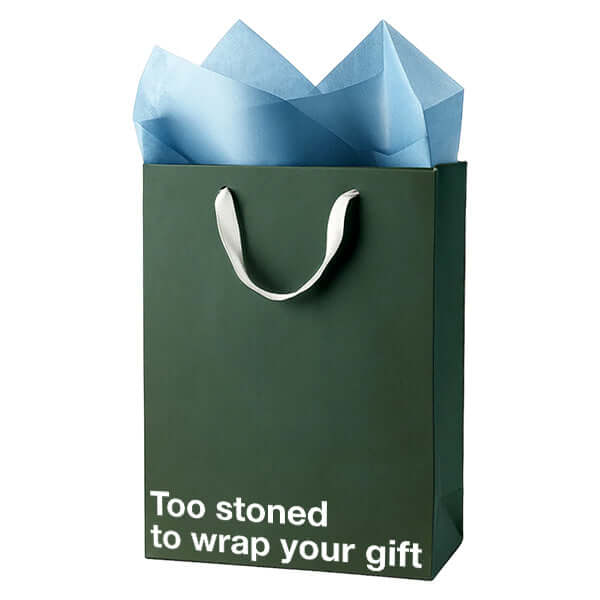 Funny gift bag featuring the phrase 'Too stoned to wrap your gift' with blue tissue paper inside.