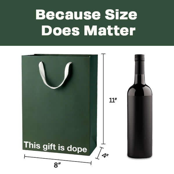 Funny gift bag with the text 'This gift is dope', dimensions shown next to a black bottle.