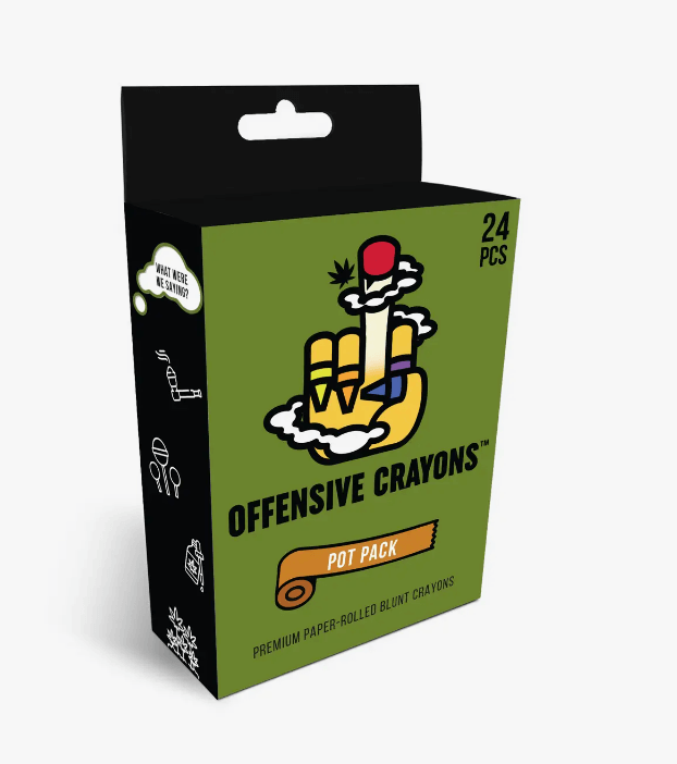 Packaging of Offensive Crayons, Pot Pack, featuring 24 premium paper-rolled blunt crayons in vibrant colors.