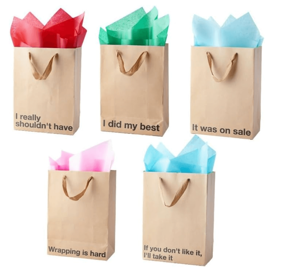 Five funny gift bags with colorful tissue paper, featuring humorous quotes on each bag.