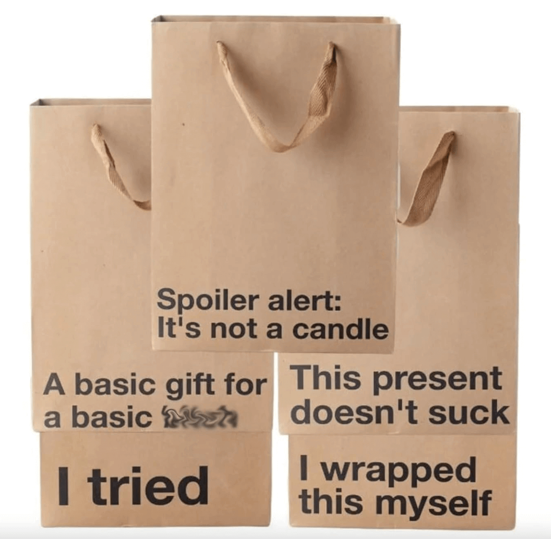 Funny gift bags featuring humorous phrases on kraft gift bags, perfect for unique present wrapping.