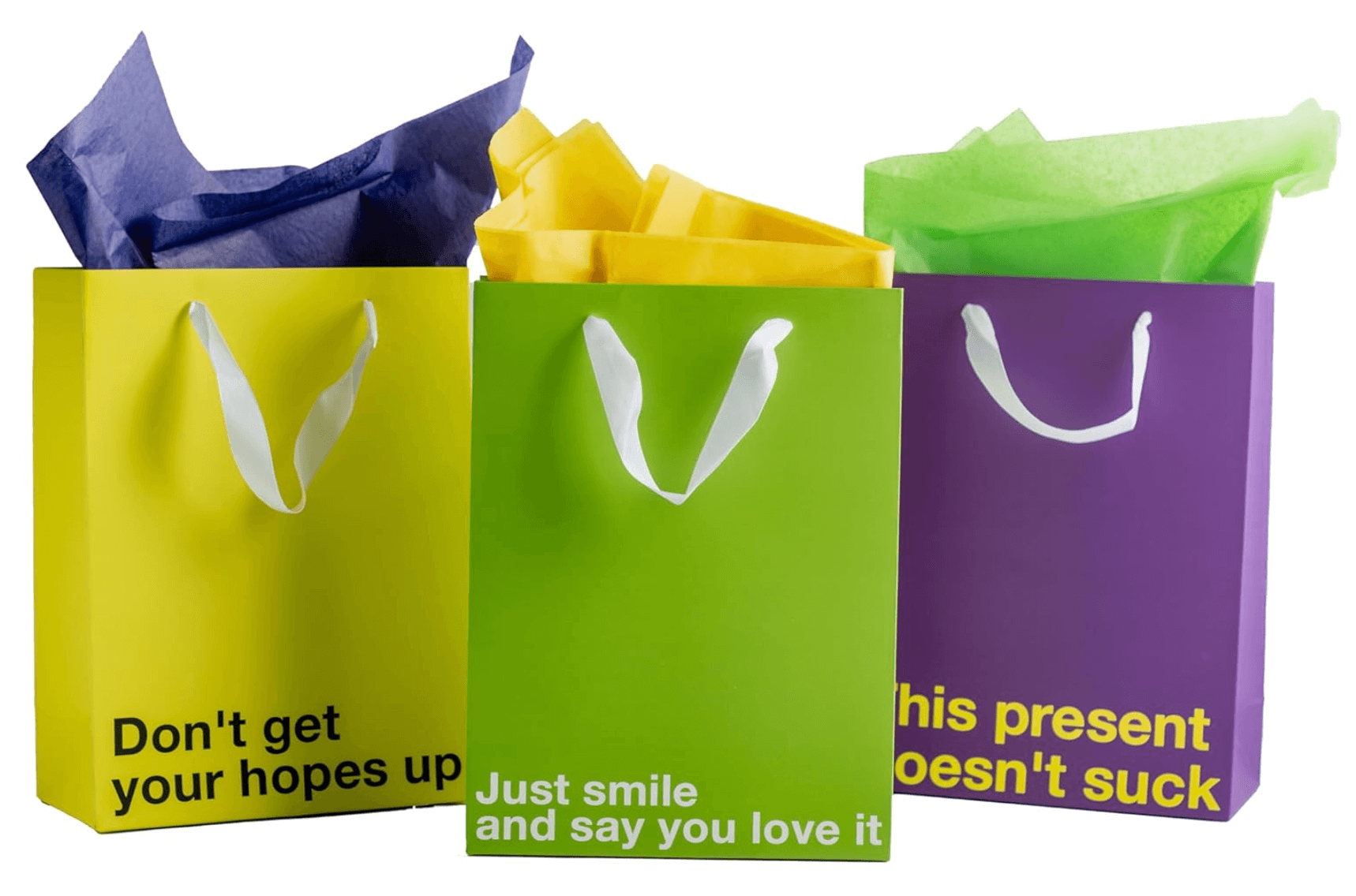 Funny gift bags in bright colors with humorous sayings: Don't get your hopes up, Just smile and say you love it, This present doesn't suck.