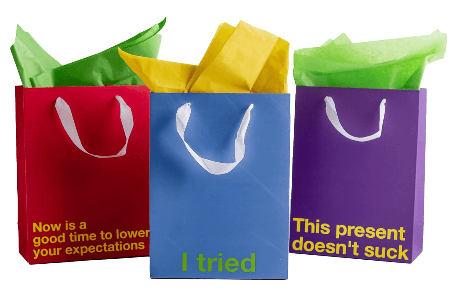 Colorful funny gift bags set with playful messages, ideal for humorous gifting options.