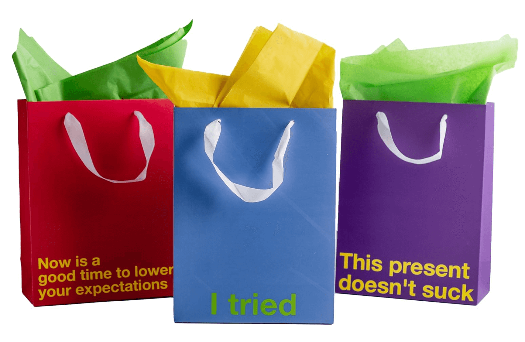 Colorful funny gift bags set with playful messages, ideal for humorous gifting options.