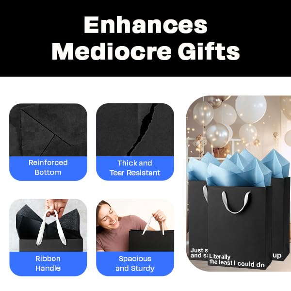 Black funny gift bags set showcasing features like reinforced bottom and spacious design to enhance mediocre gifts.