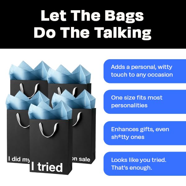 Black funny gift bags set showcasing humorous messages, perfect for adding a witty touch to any occasion.
