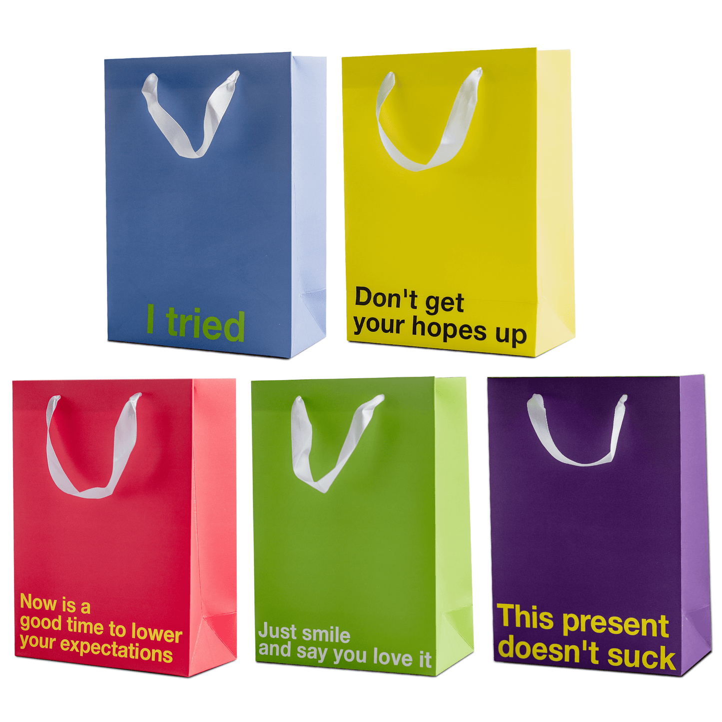 Funny gift bags set featuring colorful bags with humorous phrases for unique gift-giving.