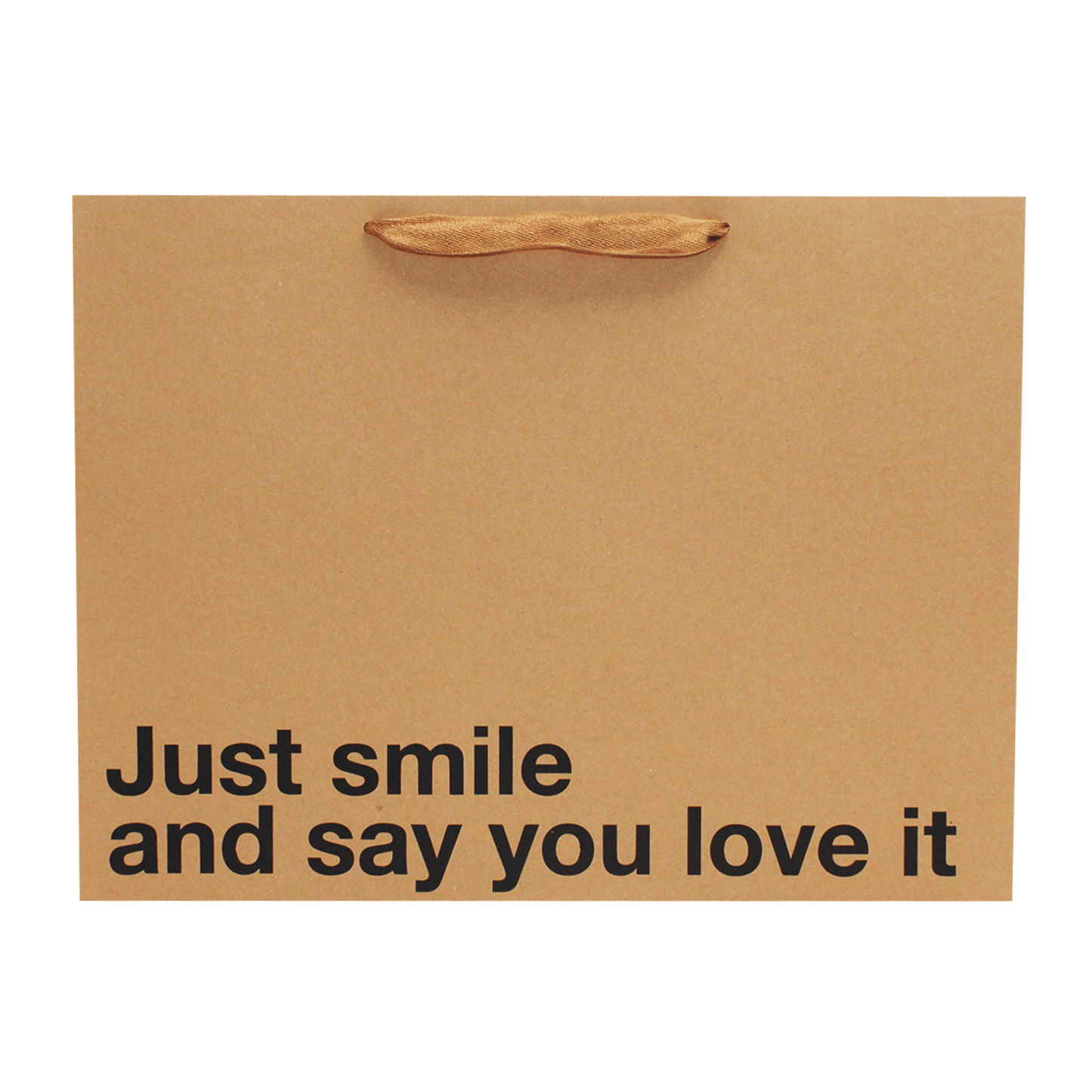 Just Smile & Say You Love It large gift bag, perfect for any occasion, featuring a funny gift bag design with a brown ribbon handle.